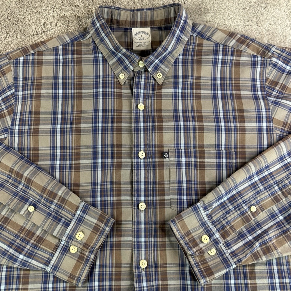 Brooks Brothers 346 Button Down Shirt Men's L Blue Brown Plaid Slim Fit Cotton